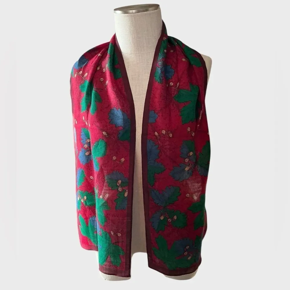 Vintage 1988 Ginnie Johansen 100% Wool Floral Scarf Red Green 57”